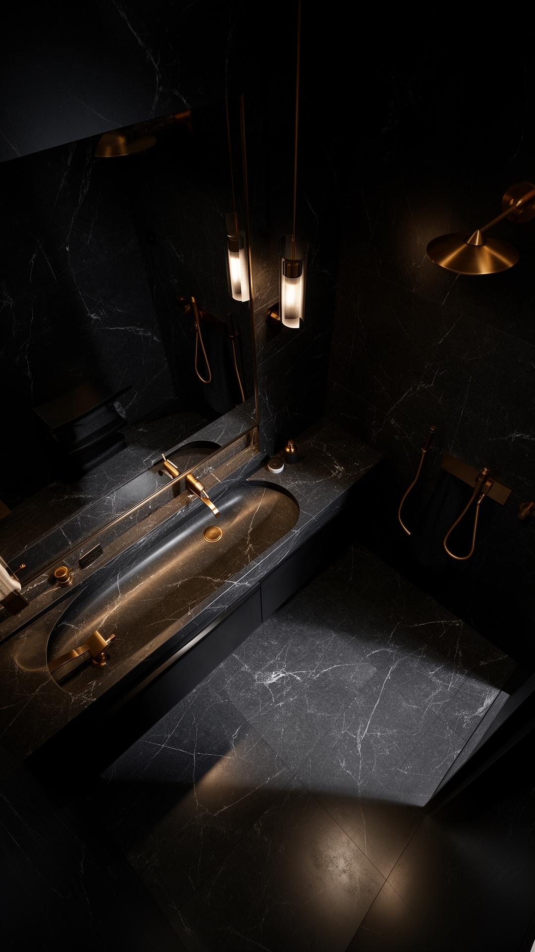 Dark luxury bathroom with brass fixtures